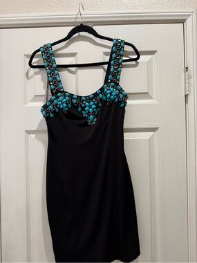 “Boston Proper Exclusive” Beaded Neckline  Turquoise Cabochon Embellished” Dress